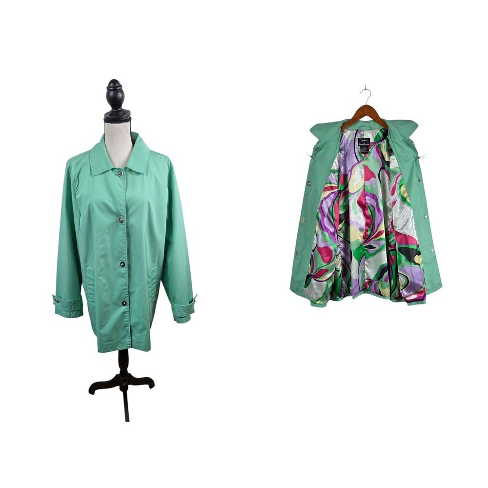 Dennis Basso Jacket Womens Large Green Psychedelic Lining Button Front Trench